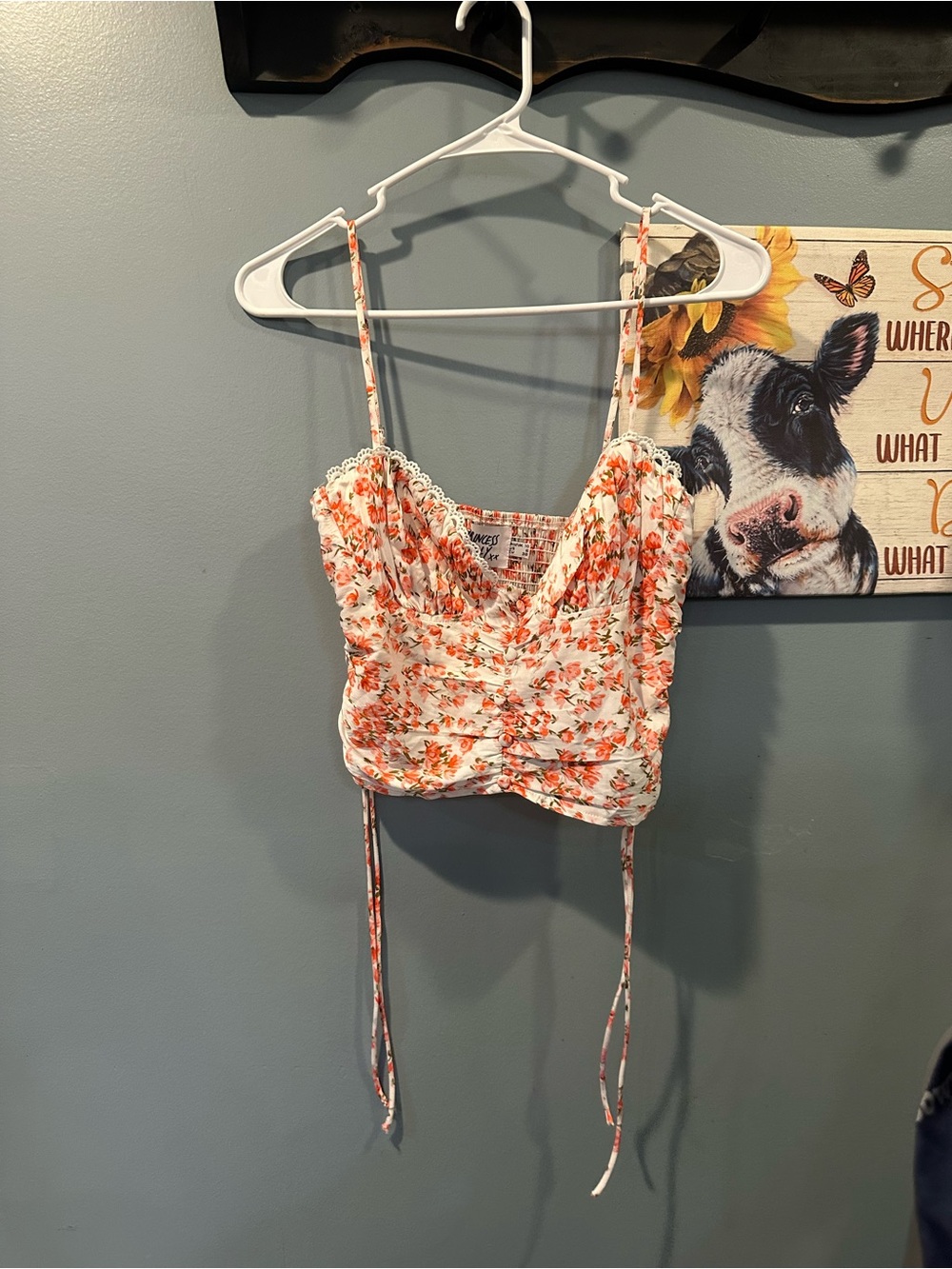 Floral Ruched Crop Cami Top in White and Orange